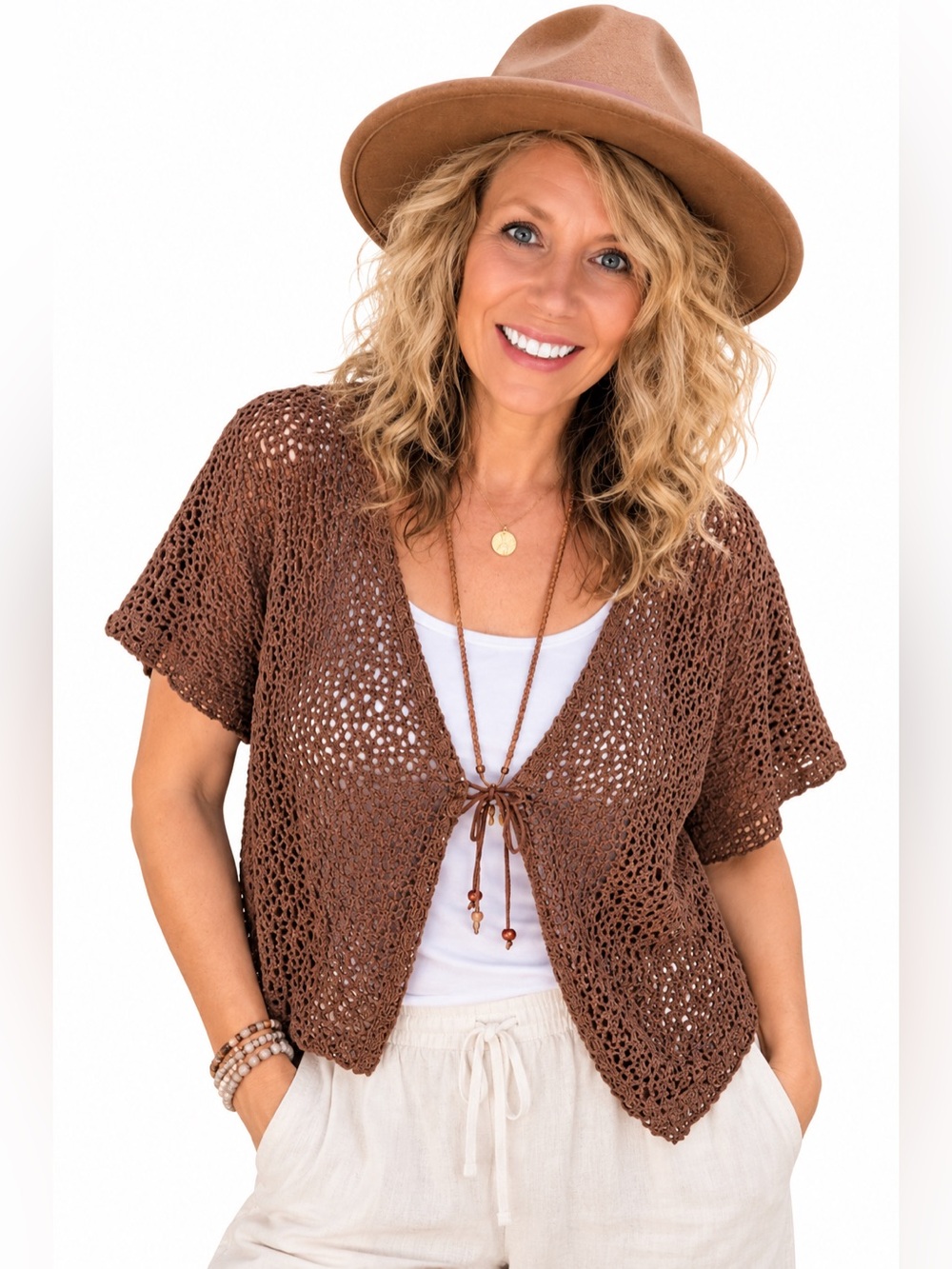 Tradition Brown Crochet Tie Front Cardigan Boho Festival Cover Up 12